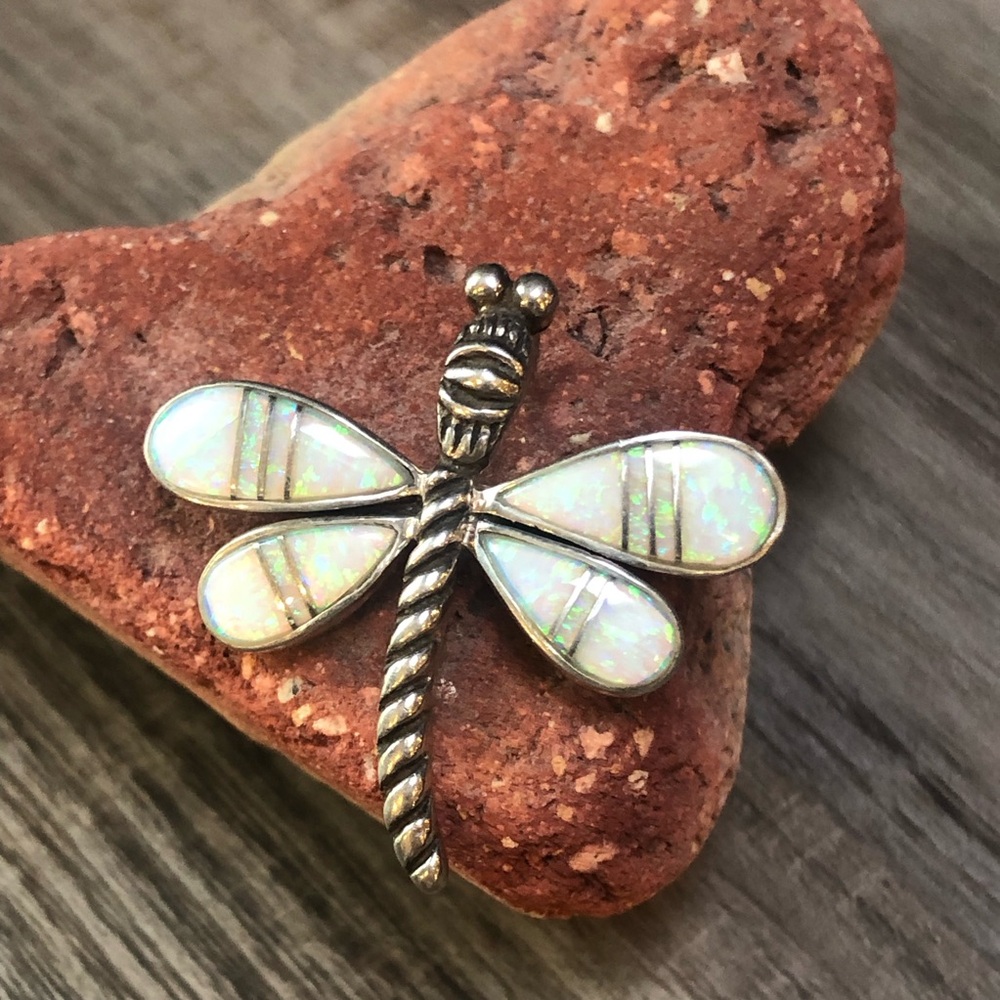 Sterling Silver Dragonfly Brooch/Pendant with White Fire Opalescent Wings
